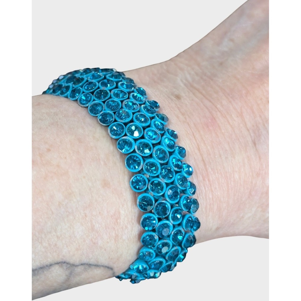Vintage Turquoise Blue Bracelet Rhinestone Stretch Band Statement